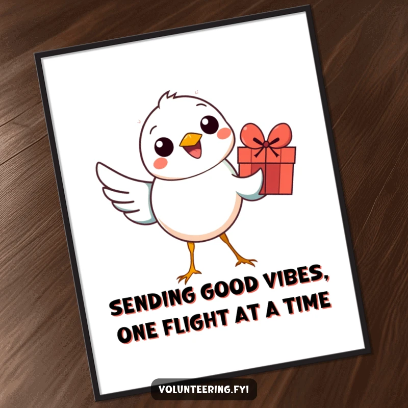 Funny Free Printable Wall Art: A smiling cartoon bird delivering a small, colorful gift, adding a vibrant, cheerful touch to any space.