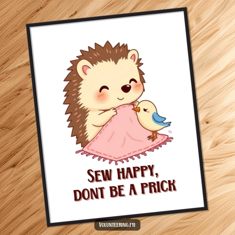 Funny Free Printable Wall Art depicting a happy hedgehog diligently stitching a small, cozy blanket for a little bird.