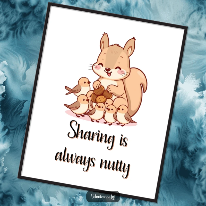 Funny Free Printable Wall Art: A kawaii squirrel happily distributes nuts to a flock of small birds, showing sharing and community.