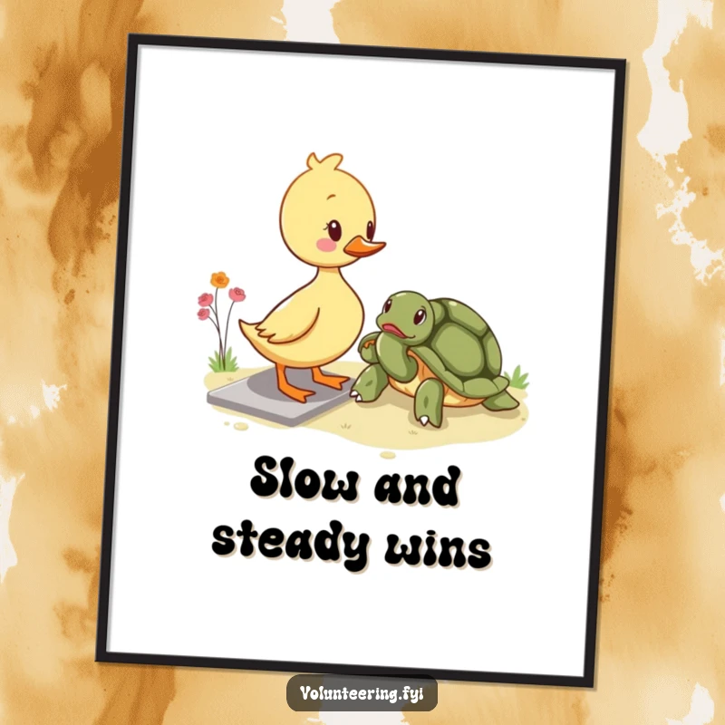 Funny Free Printable Wall Art: A kawaii duckling cheerfully helps an elderly turtle cross a path, embodying kindness and support.