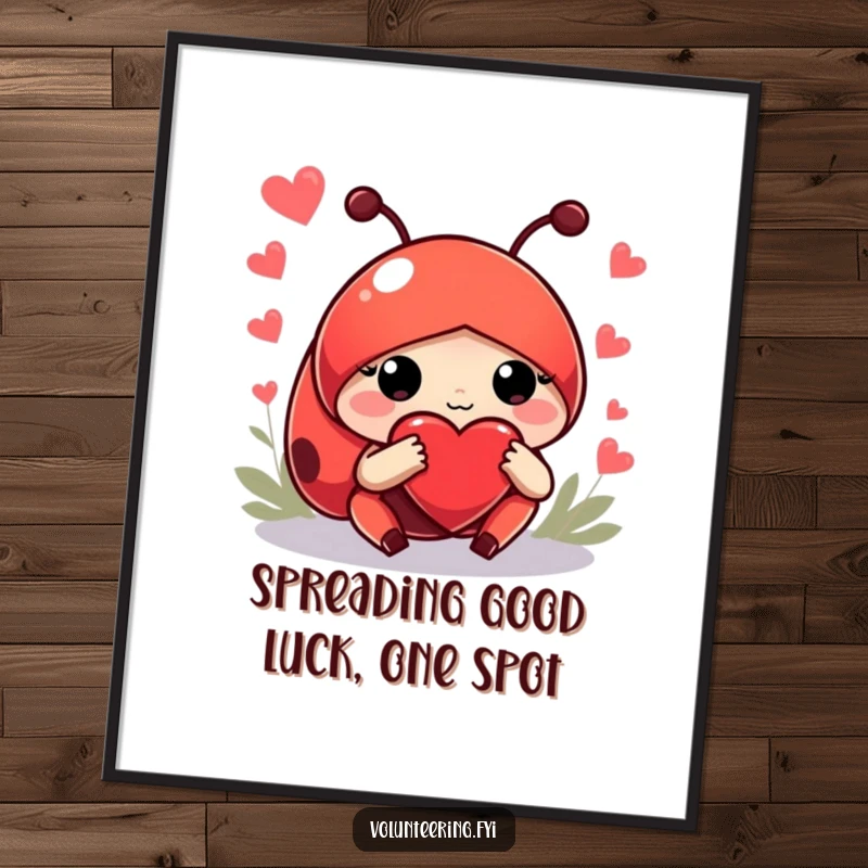 Funny Free Printable Wall Art: A red ladybug with a large heart guides lost newcomers with a gentle paw, offering support.