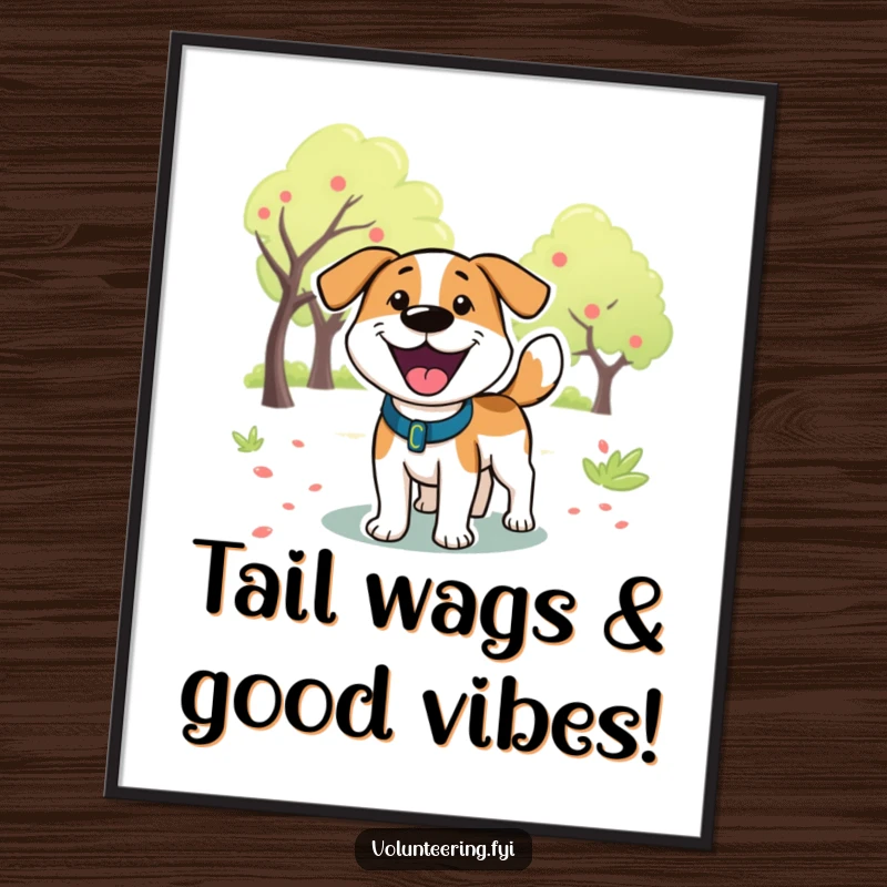 Funny Free Printable Wall Art: A playful cartoon dog wags its tail with pure joy in a sunny park setting.