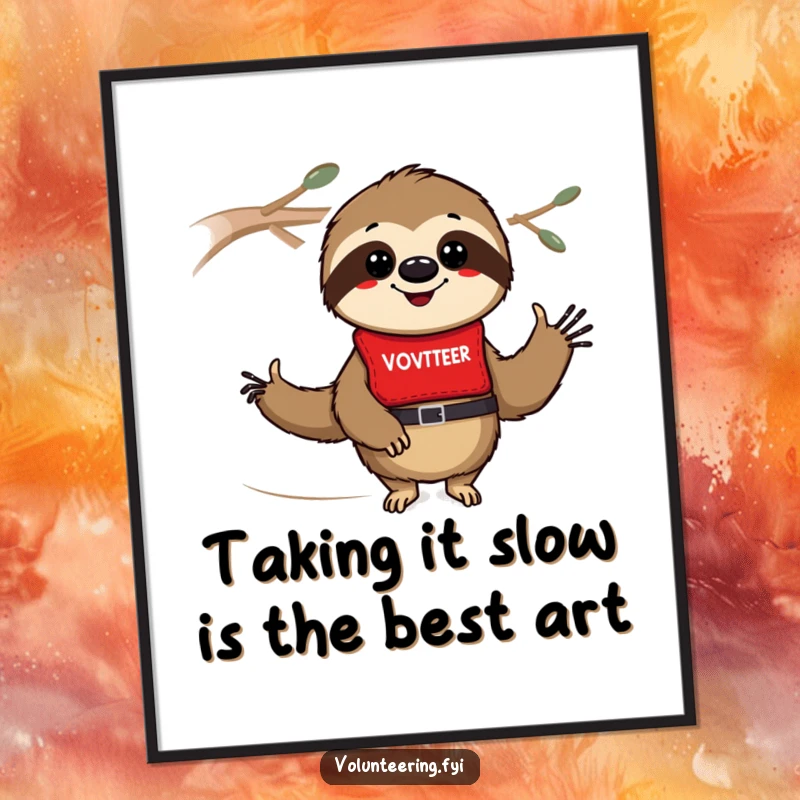 Funny Free Printable Wall Art: A smiling cartoon sloth in a volunteer vest, exuding calm and readiness, perfect for DIY home decor.