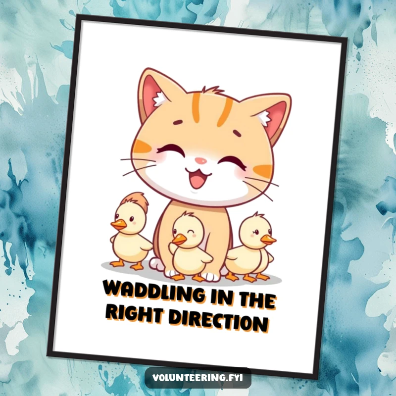 Funny free printable wall art of a smiling cat character guiding lost little ducklings, embodying gentle care.