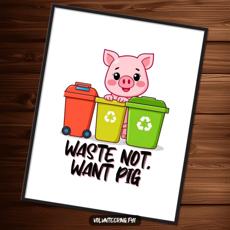 Funny free printable pink pig character with a sunny smile, diligently sorting colorful recycling bins, digital wall art.