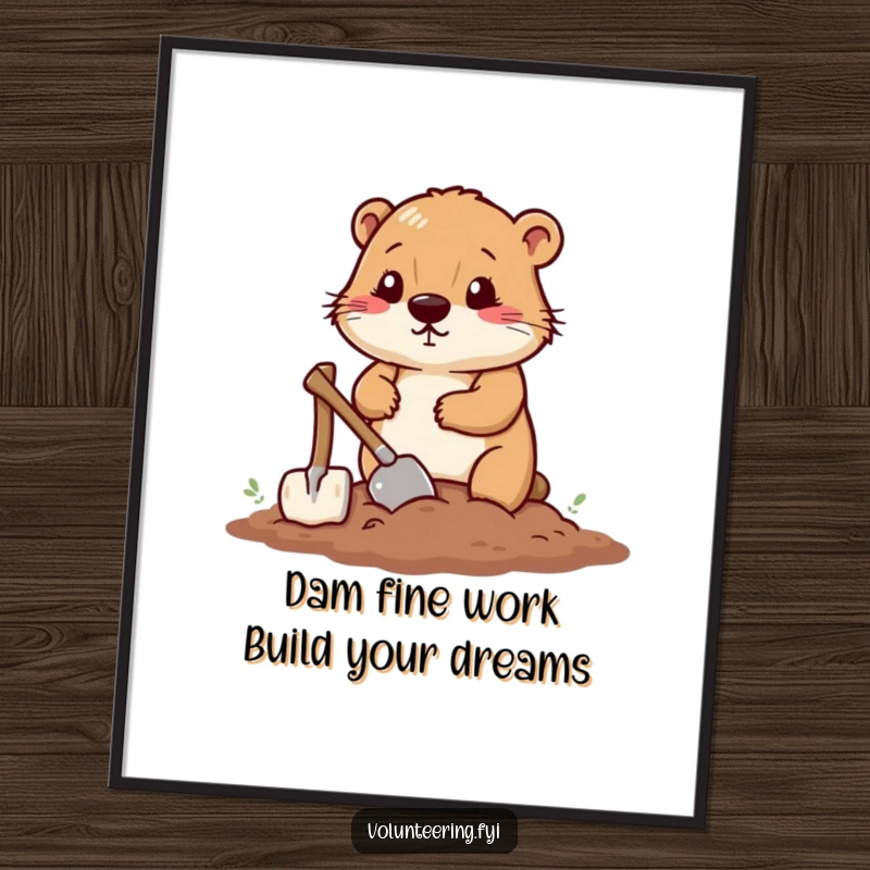Whimsical free printable wall art of a determined beaver smoothing soil with a tiny shovel, evoking industriousness and charm.