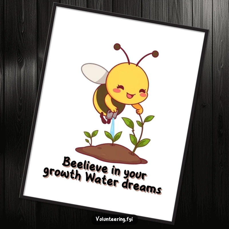 Whimsical free printable wall art depicting a smiling bee diligently watering a small, wilting plant, bringing life and color.