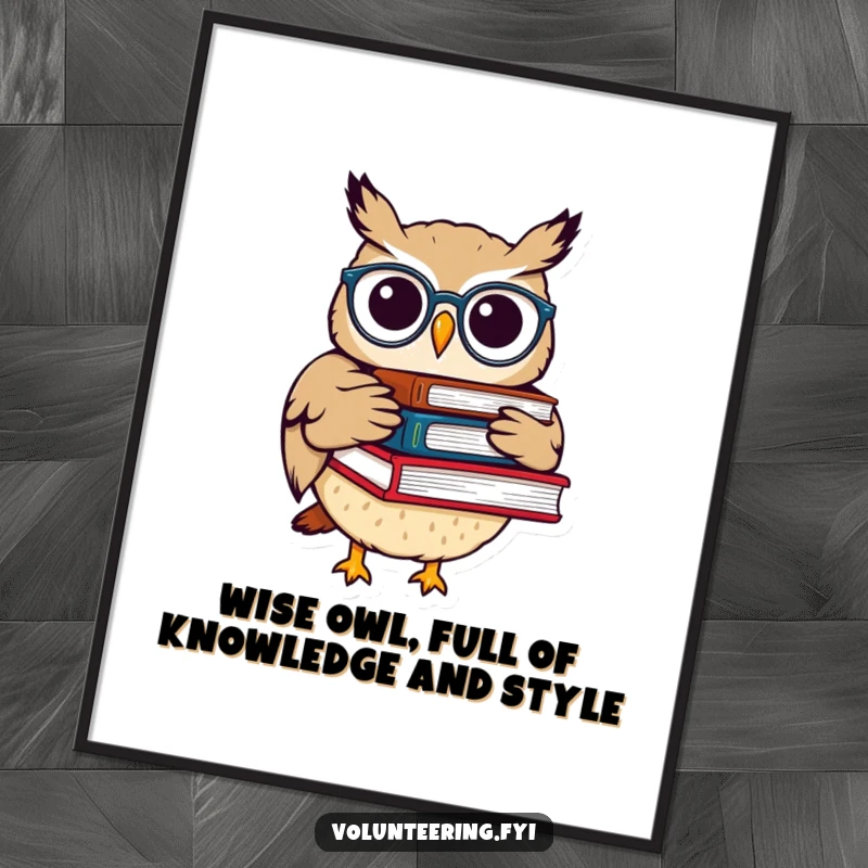 Funny Free Printable Wall Art: Whimsical owl with spectacles carrying books, scholarly and charming downloadable art
