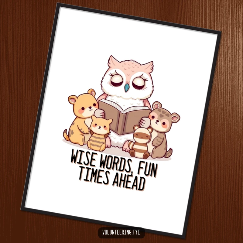 Funny Free Printable Wall Art: A kawaii owl peacefully reading a book to attentive forest animal friends, creating a cozy scene.