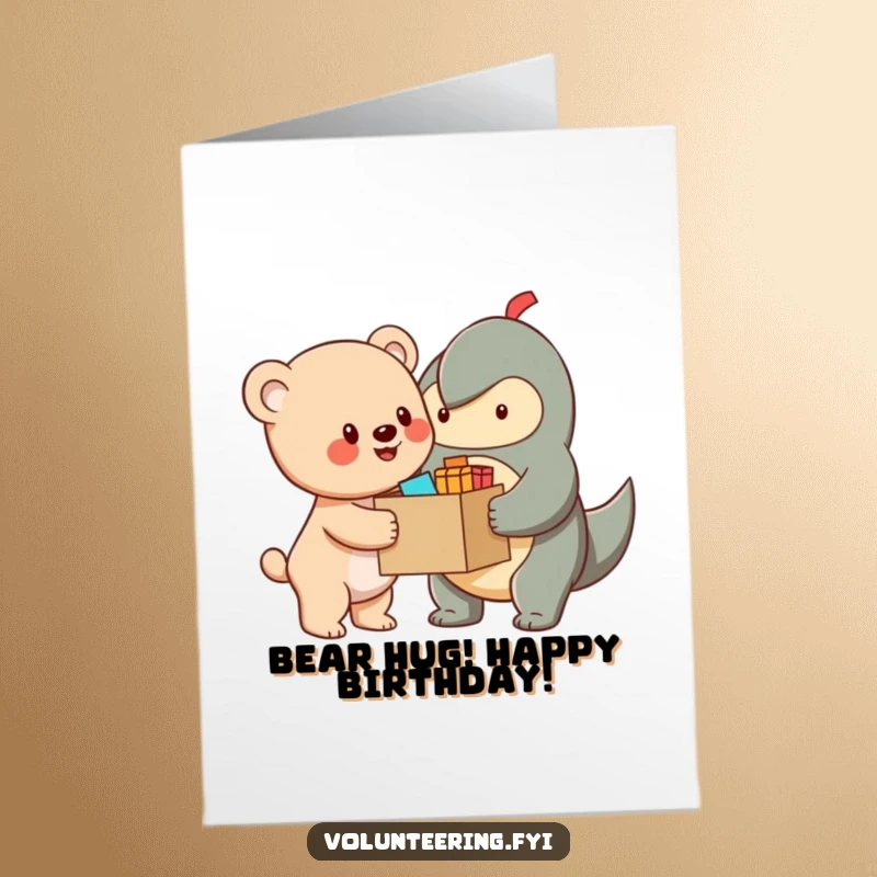 Funny Free Printable Bear Cub Birthday Card: A cheerful cub offers a box of supplies as a birthday surprise, full of excitement.