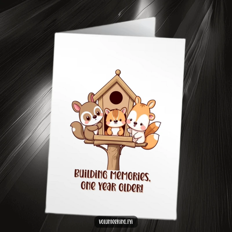 Funny Free Printable Birthday Card: Diverse animal friends joyfully collaborating to build a charming birdhouse, celebrating teamwork and good times.