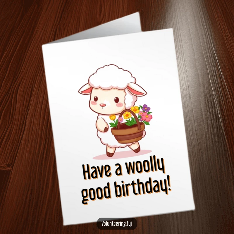 Sweet free printable birthday card featuring a fluffy sheep holding a basket overflowing with vibrant flowers, ready for planting.