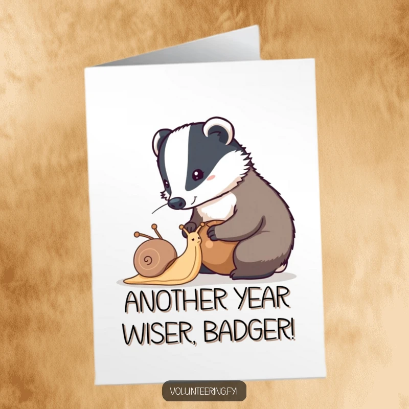 Funny Free Printable Birthday Card: A diligent badger meticulously helps a snail polish its shell with great focus.