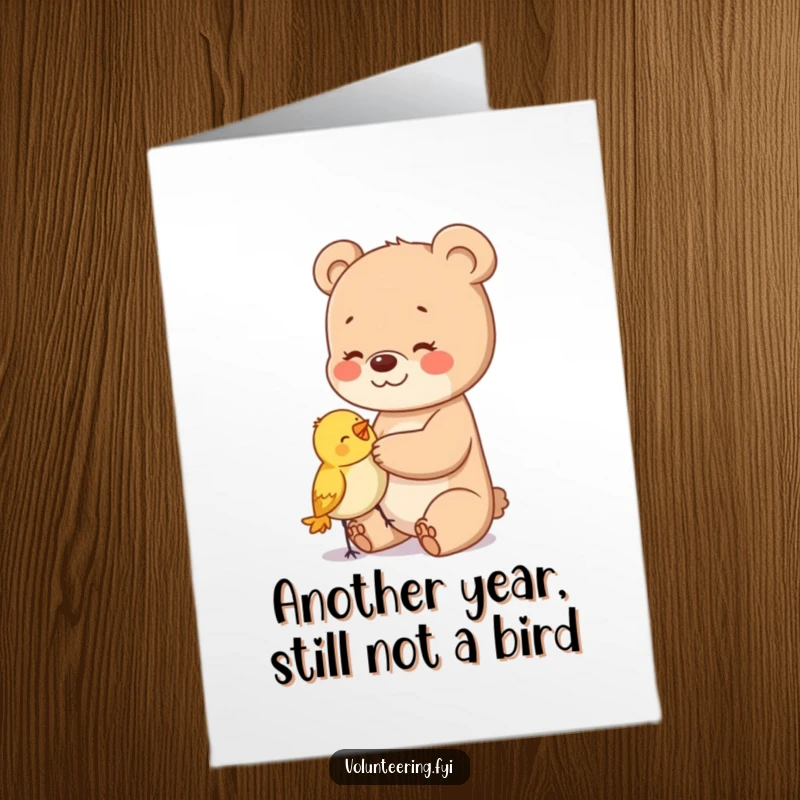 Funny Free Printable Birthday Card: A happy bear cub gently pats a bewildered bird, a sweet and humorous downloadable gift.