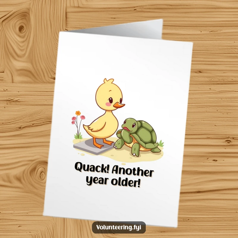 Funny Free Printable Birthday Card: A tiny kawaii duckling kindly helps an old turtle cross a path, showing intergenerational friendship.