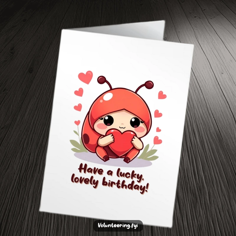 Funny Free Printable Birthday Card: A red ladybug with a large heart guides lost newcomers with a gentle paw.