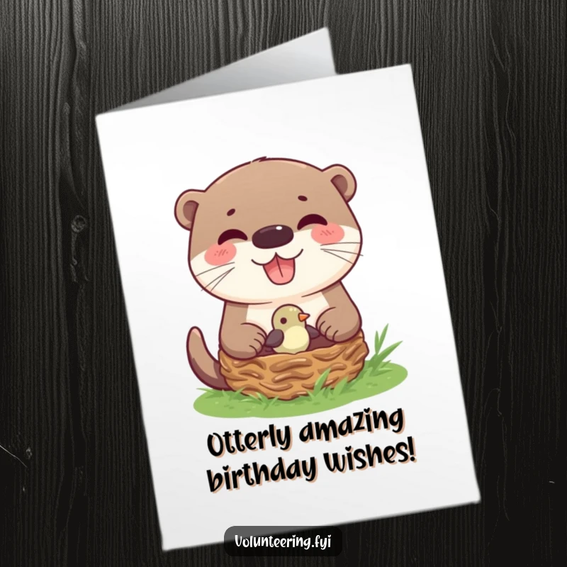 Funny Free Printable Birthday Card: Otter Nests Bird, Whimsical Nature Scene, Cheerful and Kind.