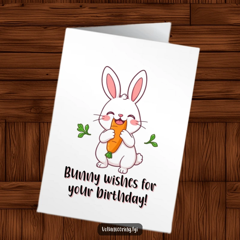 Funny Free Printable Birthday Card shows a joyful rabbit happily sharing a huge carrot down the middle, spreading birthday cheer.