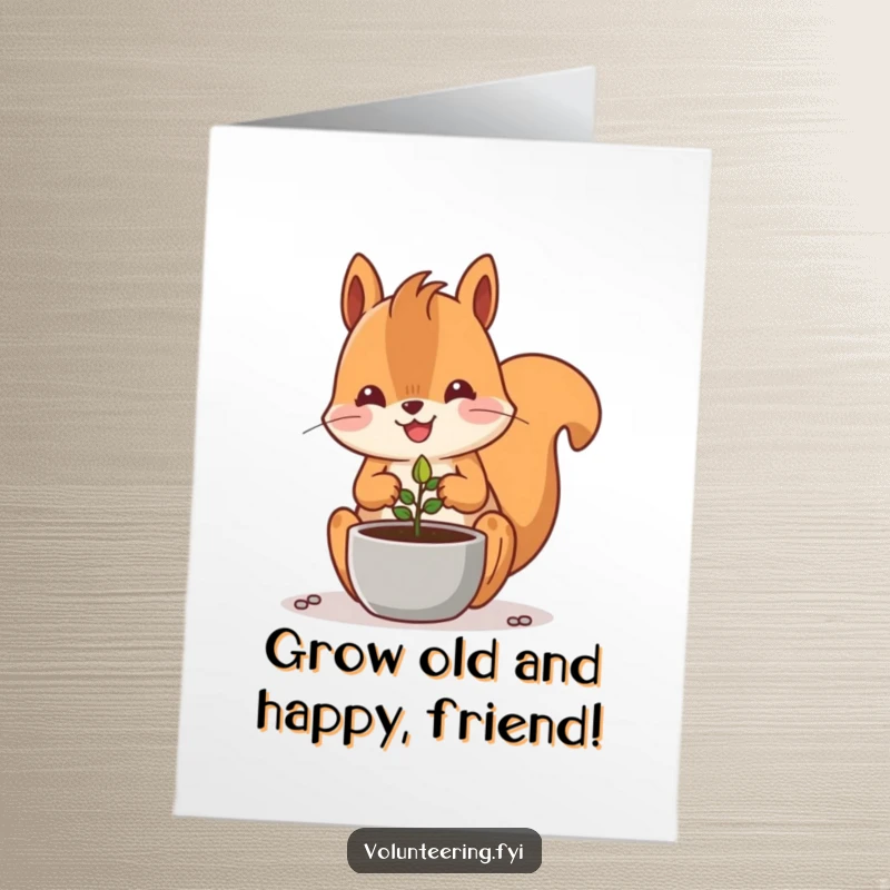 Funny Free Printable Birthday Card: Kawaii squirrel planting a seed, symbolizing growth and celebration, a cute downloadable card.