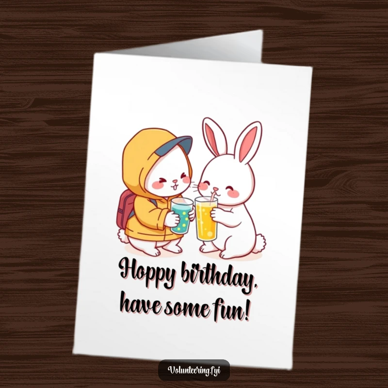 Free Printable Birthday Card: Kind Kawaii rabbit offering a cool drink to a weary friend, celebrating your day.