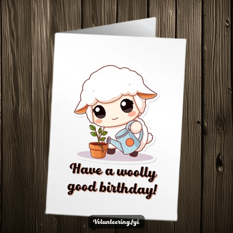Free Printable Birthday Card featuring a fluffy white sheep with kind eyes watering a small potted plant.