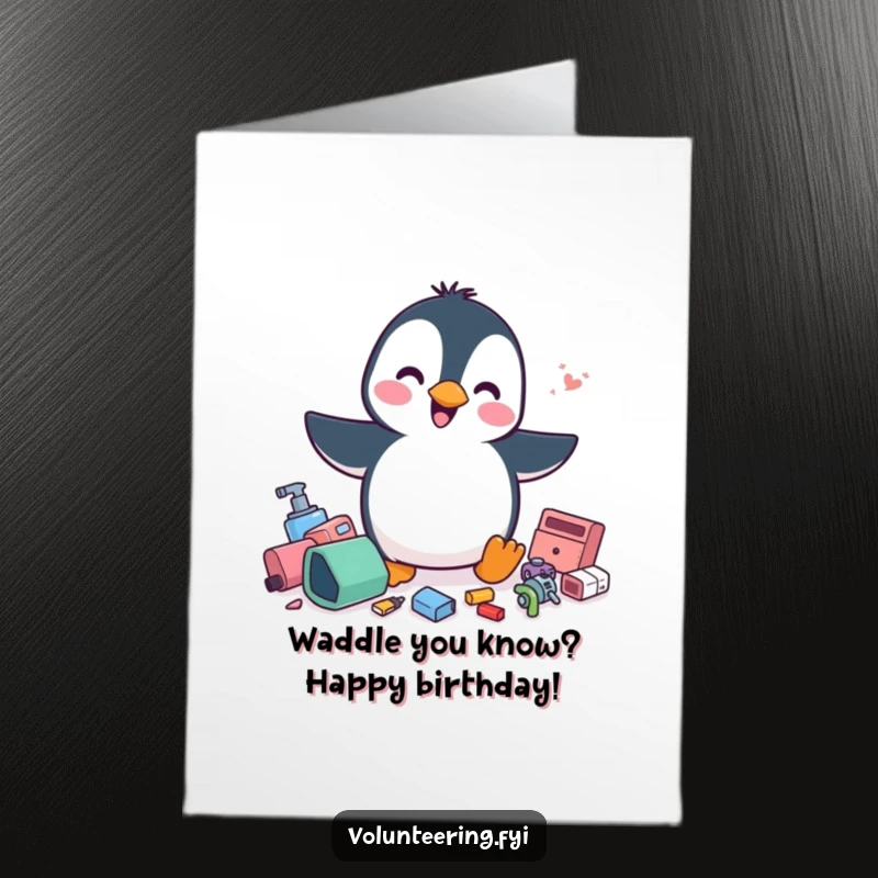 Funny Free Printable Birthday Card: Playful penguin tidying scattered items with a cheerful flurry, ready for celebration.