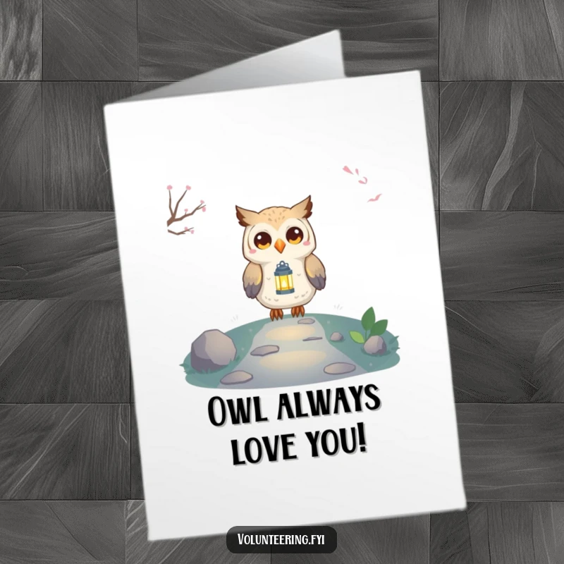 Funny Free Printable Birthday Card: Owl Guides Path with Lantern, Wise and Cheerful, Festive Glow.