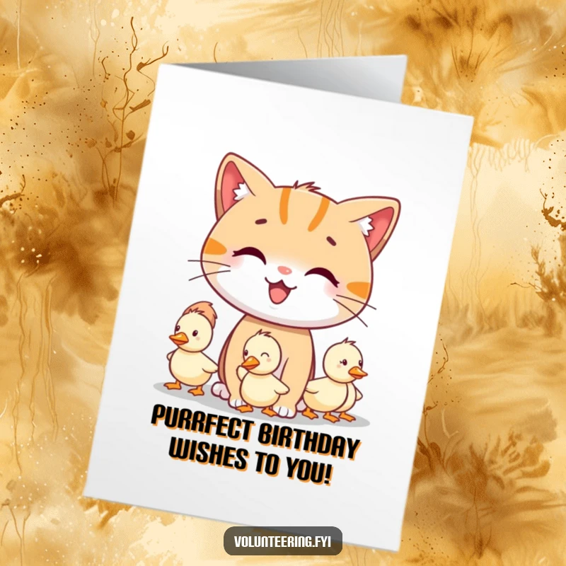 Funny free printable cat birthday card with a smiling cat character guiding lost little ducklings, spreading birthday joy.