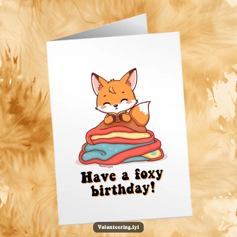 Funny Free Printable Fox Birthday Card: A playful fox tidies colorful blankets, wishing you a cozy happy birthday.