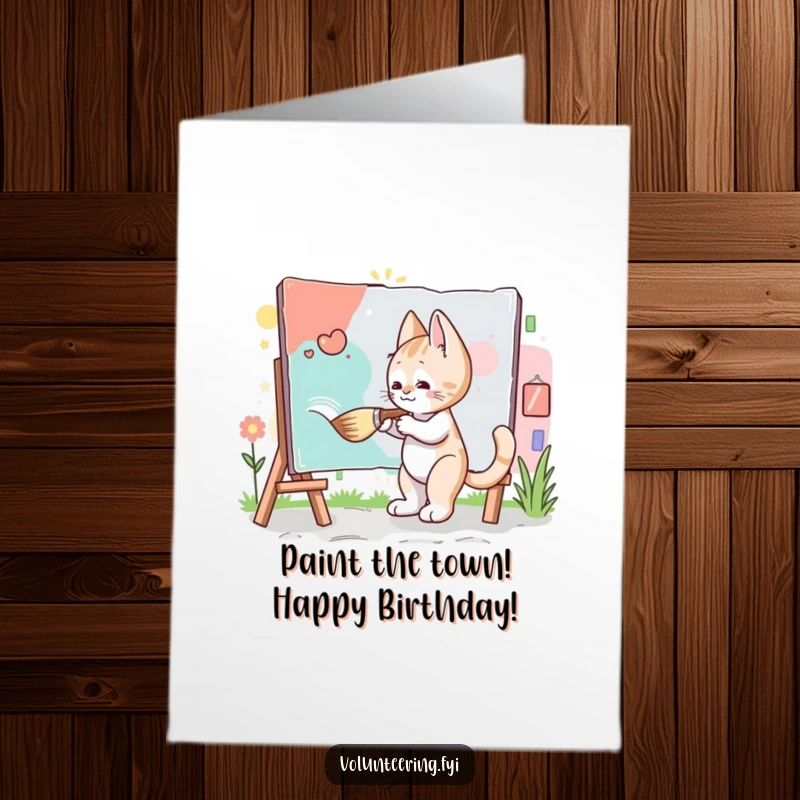 Funny Free Printable Birthday Card: Diligent kitten paints a community mural with a giant brush, celebrating creativity.