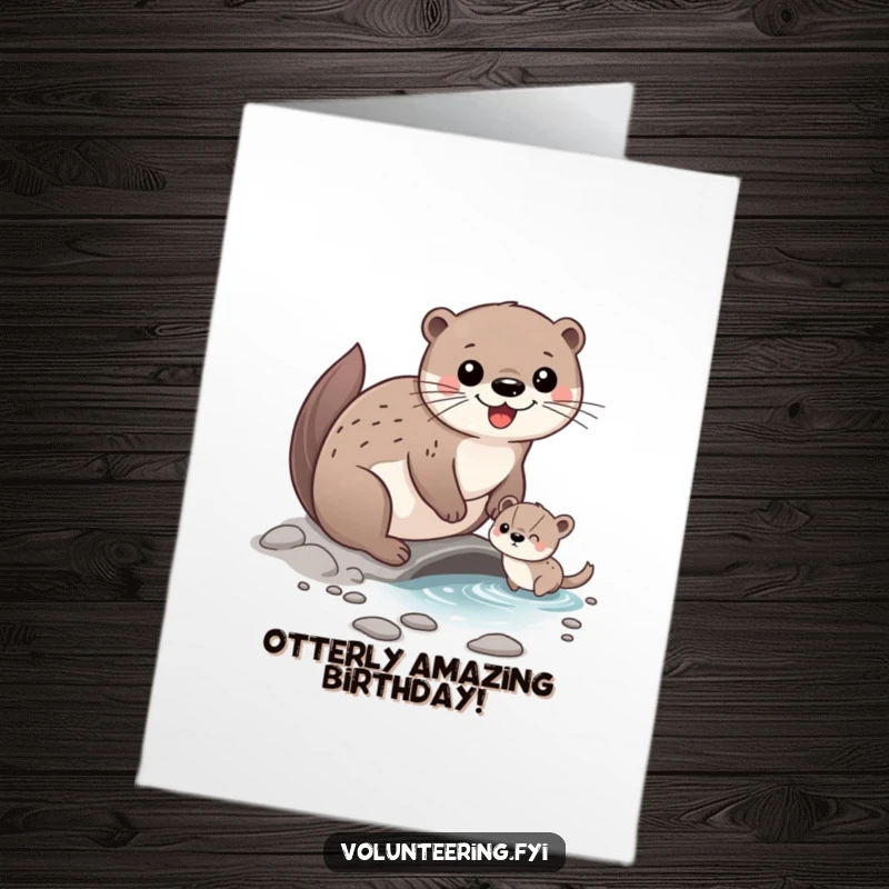 Funny Free Printable Otter Birthday Card: A happy otter helps a small creature cross a stream, celebrating your special day.
