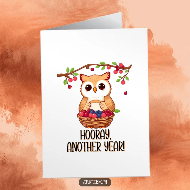 Funny Free Printable Birthday Card: A proud owl proudly displays and donates a basket overflowing with colorful berries.