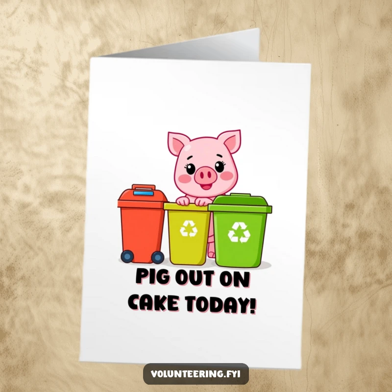 Funny free printable pink pig character in a cheerful mood sorting recycling bins, perfect for a birthday card.