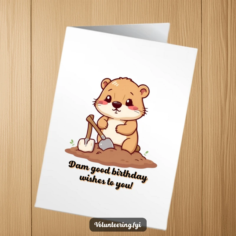 Funny free printable birthday card featuring a determined beaver meticulously smoothing soil with a tiny shovel, ready to build.