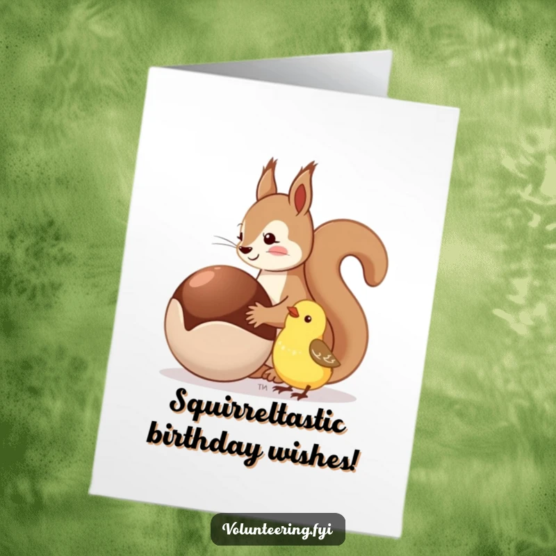 Funny free printable birthday card: A squirrel happily sharing a big nut with a smaller, cheerful bird.