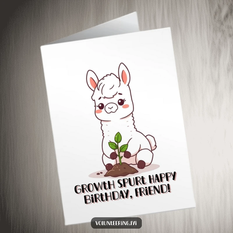 Funny Free Printable Birthday Card: Happy llama planting a tiny tree with a big smile, perfect for eco-conscious celebrations.