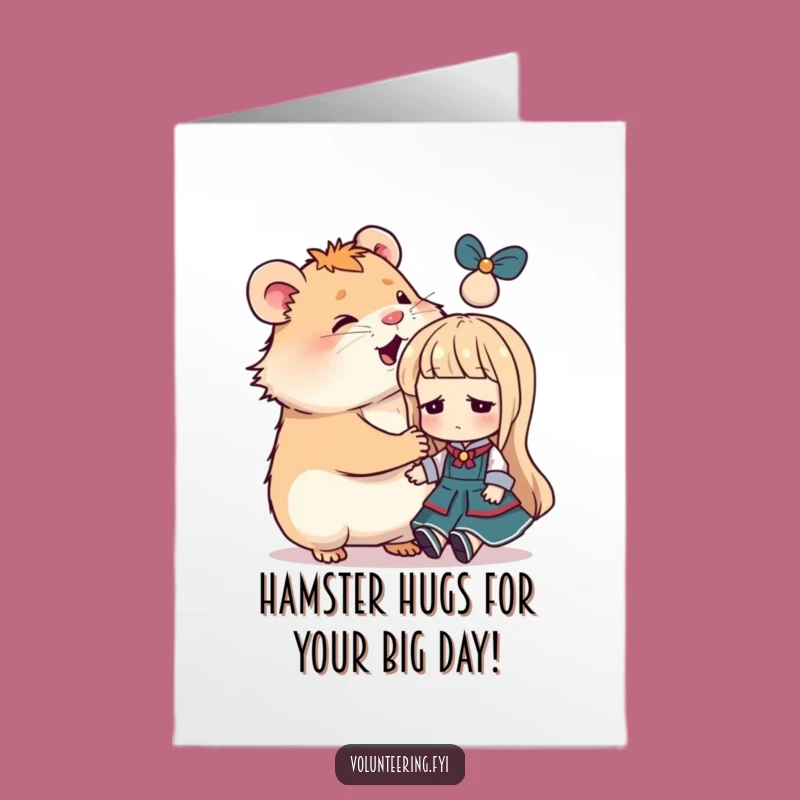 Free Printable Birthday Card: Hamster Hugging Doll, Funny Downloadable Greeting for Kids