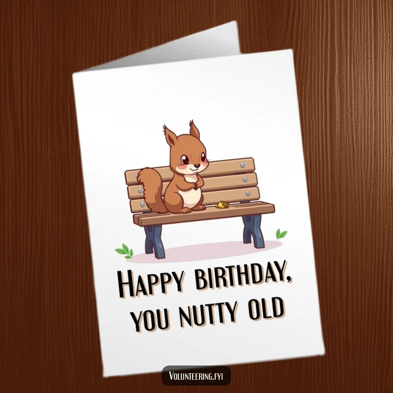 Funny Free Printable Birthday Card featuring a diligent squirrel meticulously tidying up a park bench.