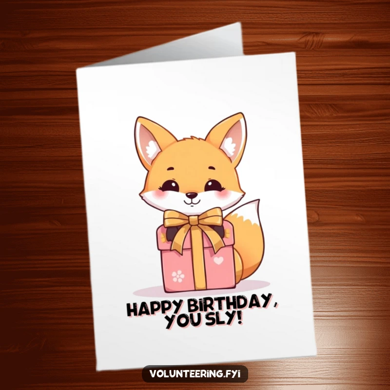 Funny Free Printable Birthday Card shows a smiling fox with a huge grin expertly tying a ribbon around a beautifully wrapped gift box.