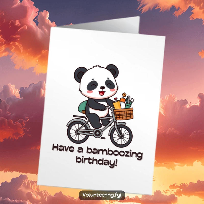 Funny Free Printable Birthday Card: A giggling cartoon panda rides a bicycle loaded with supplies, bringing cheerful birthday greetings.