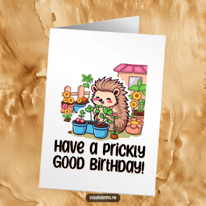 Funny Free Printable Birthday Card: A sweet cartoon hedgehog happily organizes a community garden, ready for a fun birthday.
