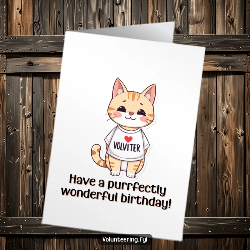 Funny Free Printable Birthday Card: Adorable cat wearing a volunteer t-shirt, ready to help and celebrate birthdays