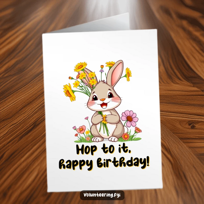Funny Free Printable Rabbit Birthday Card: A delighted rabbit holds a vibrant bouquet of wildflowers, spreading birthday happiness. A charming downloadable greeting.