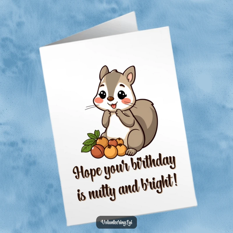 Funny Free Printable Birthday Card: A friendly cartoon squirrel gathers nuts, ready to share a hilarious birthday surprise.