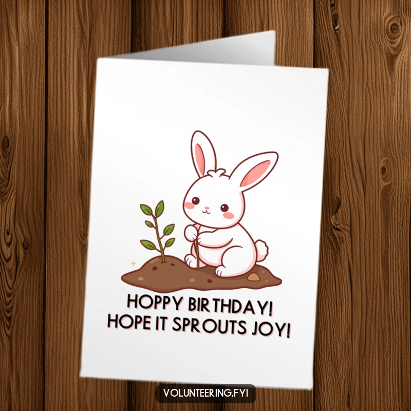 Funny Free Printable Birthday Card: Kawaii bunny happily planting a small tree, adorable and eco-friendly birthday greeting