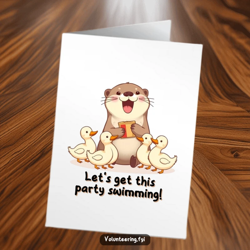 Funny free printable birthday card: delighted otter shares snacks with a group of ducks, celebrating friendship and abundance.