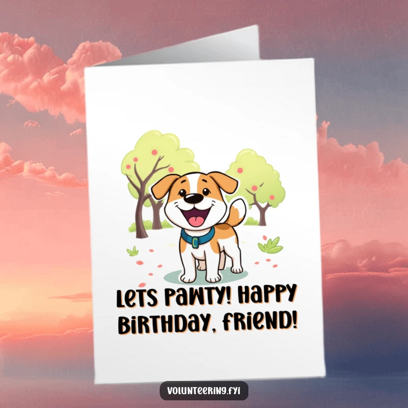Funny Free Printable Birthday Card: A playful cartoon dog joyfully wags its tail in a park, ready to celebrate your birthday!