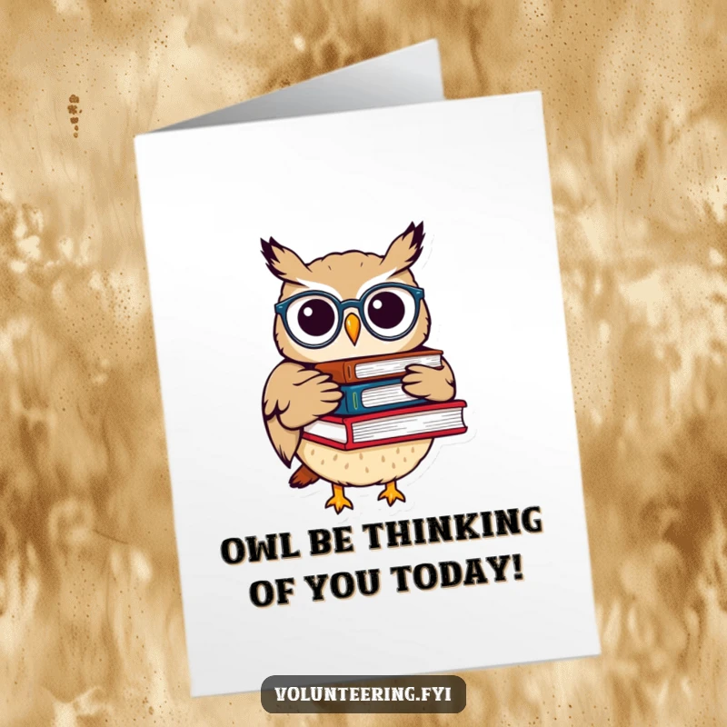 Funny Free Printable Birthday Card: Whimsical owl with spectacles carrying books, wishing a smart and happy birthday