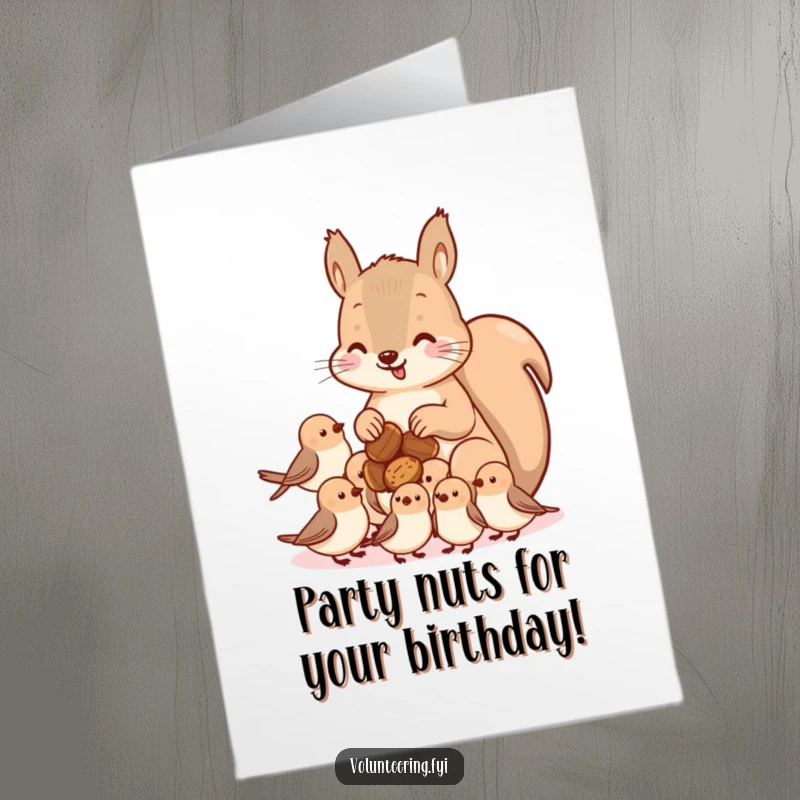 Funny Free Printable Birthday Card: A kawaii squirrel kindly shares nuts with hungry birds, celebrating abundance and friendship.