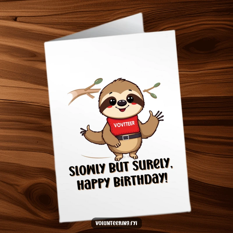 Funny Free Printable Birthday Card featuring a cute, smiling cartoon sloth in a red volunteer vest, ready to deliver birthday cheer at home.
